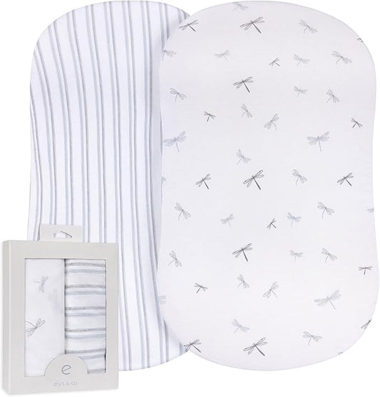 Ely’s & Co. Bassinet Sheets, Baby Boy Fitted Bassinet Mattress Sheet Set - 2 Pack, 100% Jersey Knit Cotton, fits Oval, Hourglass and Rectangle Mattress, 32”x16”x3” Blue Dragonflies + Stripes