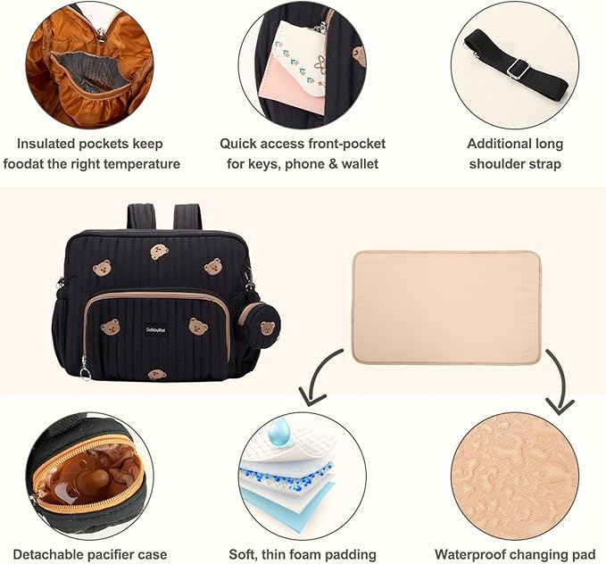 Diaper Bag Backpack, Medium Maternity baby bag & Changing Pad, Insulated Pockets, Stroller Straps & Pacifier Case (Medium - Black Bears)