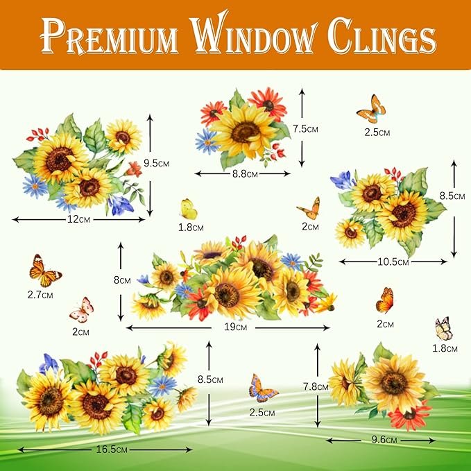 Sunflower Window Decals & Clings - Spring & Fall Decorations for Bedroom, Nursery, Living Room - Birthday Parties & Holidays