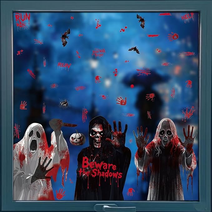 Halloween Ghost Window Clings Horror Bloody Handprints Spooky Ghost Slap The Window Double Sided Large Spooky Designs Halloween Bat Pumpkin Windows Clings for School Home Office Party Supplies Decor