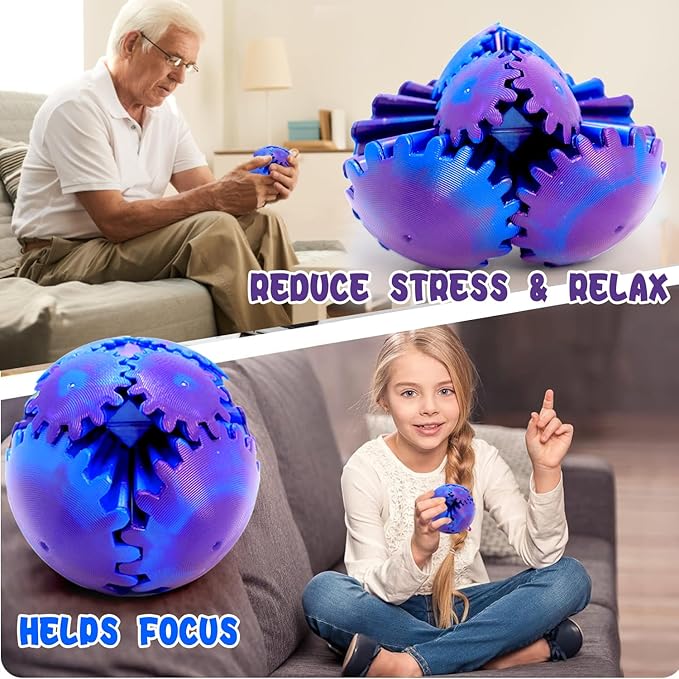 4PCS Gear Ball 3D Printed Spin Ball or Cube Fidget Toy, 2.6 Inch Gear Sphere Fidget Toy,Fidget Gear Sphere Toy for Stress and Anxiety Relief, Gear Sphere Desk Toy for Adults & Kids
