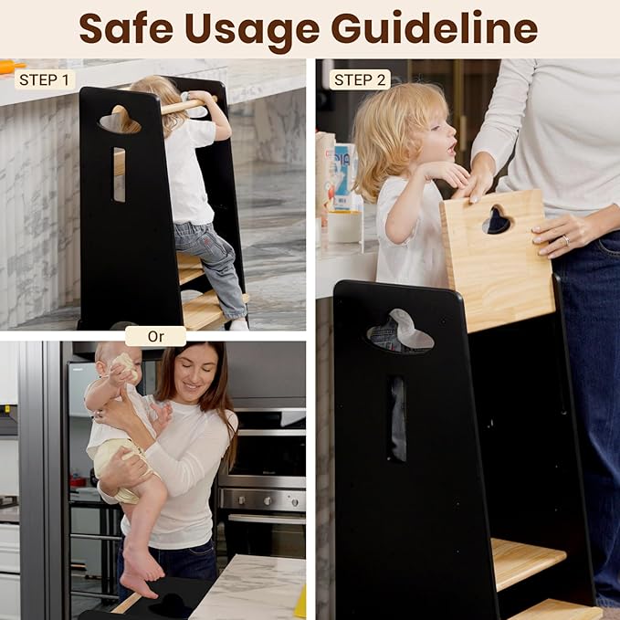 COSYLAND Toddler Standing Tower Adjustable Height - Super Stable Kids Kitchen Stool Helper - 3 Levels Adjustable Wooden Toddler Kitchen Stool (Natural & Black)