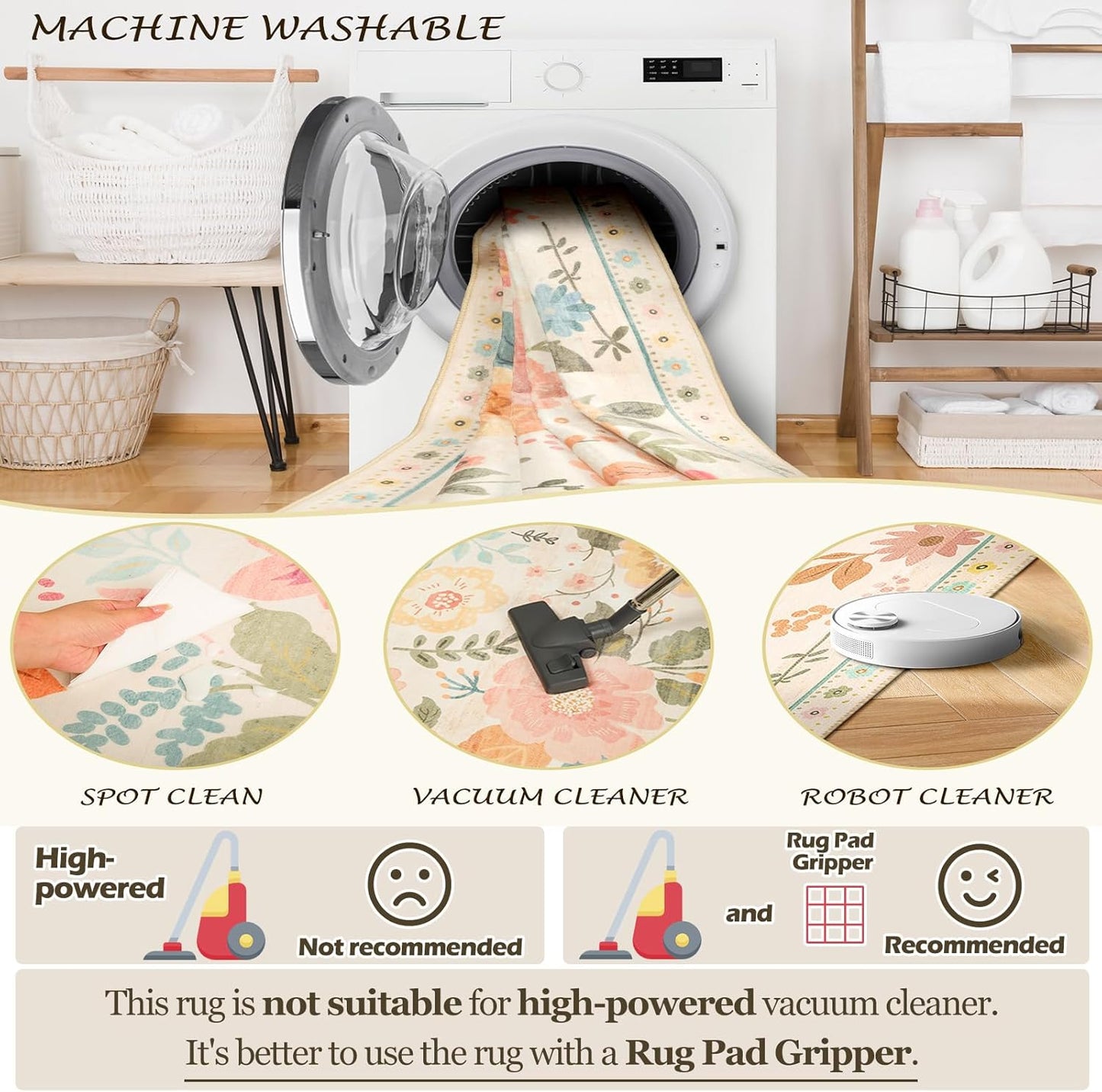 Floral 3x5 Area Rug Machine Washable Soft Print Boho Carpet Non Slip Doormat Low Pile Flower Area Rugs for Living Room Bedroom Nursery Kitchen Dining Room Indoor-Beige/White/Orange