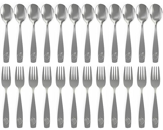 CHILLOUT LIFE Stainless Steel Kids Silverware Set 24 Pieces (2 Pack of 12) - Child and Toddler Safe Flatware - Kids Utensil Set - Metal Kids Cutlery Set (Includes 12 Small Kids Spoons & Kids 12 Forks)