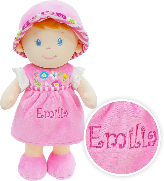 June Garden Personalized Soft Dolly Emilia - Stuffed Soft Baby Doll for Birth and Up with Custom Name - Pink Dress - 13"