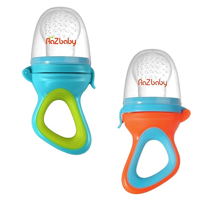 RaZbaby Baby Solids/Frozen Fruit Feeder Pacifier, Infant Teether Toy 6M+, BPA-Free, Safely Introduce Solids, Natural Teething Relief, Dishwasher Safe, Freezable – Blue & Orange 2-Pack