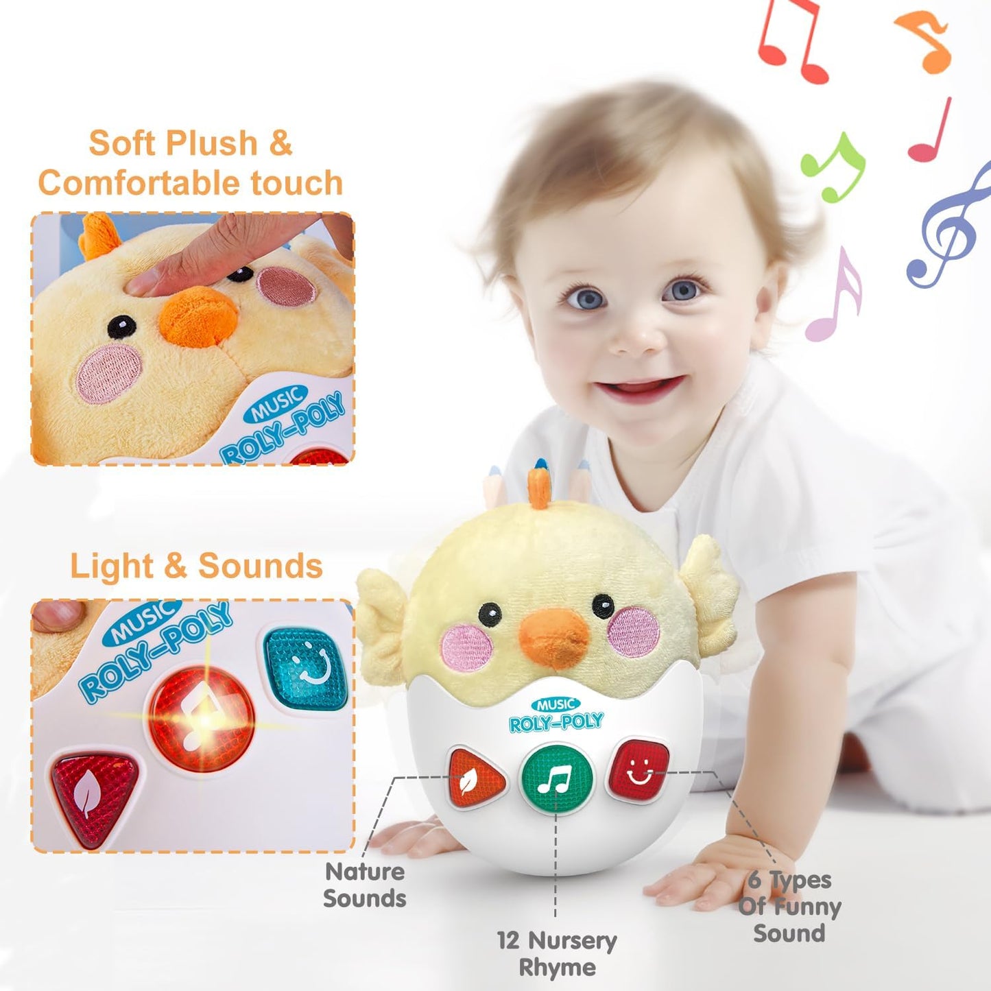 Baby Toys 0-6-12 Months, Chick Musical Plush Cute Stuffed Animal Infant Tummy Toys with Light & Sounds, Roly-Poly Sensory Toy Birthday Easter Egg Gift for Newborn Boys & Girls