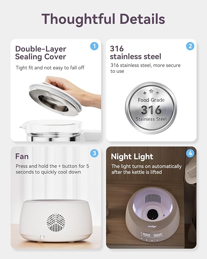 Bottle Warmer comfyer, Baby Bottle Warmer with Night Light and Faster Cooling Fan, Instantly Water Warmer, Tea Kettle Electric with 6 Temperature Control Presets, Feed Baby More Easier and Healthier