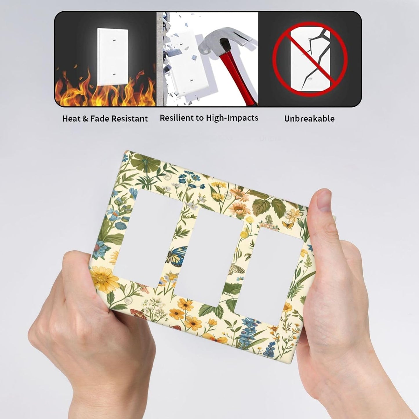 Decorative Outlet Covers Rustic Plant Garden Leaf Flower Butterfly 3 Gang Wall Plate Triple Rocker Light Switch Cover Plate Jumbo Electrical GFCI Faceplate for Bedroom Home Decor