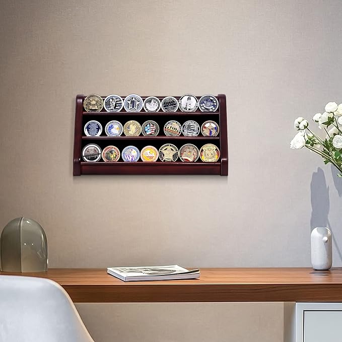 3 Rows Wooden Challenge Coin Wall Display Stand - Military Coin Holder Army Coins Rack, Holds 21-24 Coins, Mahogany