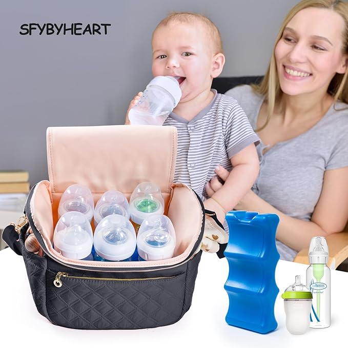 SFYBYHEART Breastmilk Cooler Travel Bag with Ice Pack for 6 Baby Bottles Up to 9 Ounce - Insulated Bottle bag for Daycare - Breastmilk Storage Bag - Baby Bottle Cooler Bag - Bottle Holder