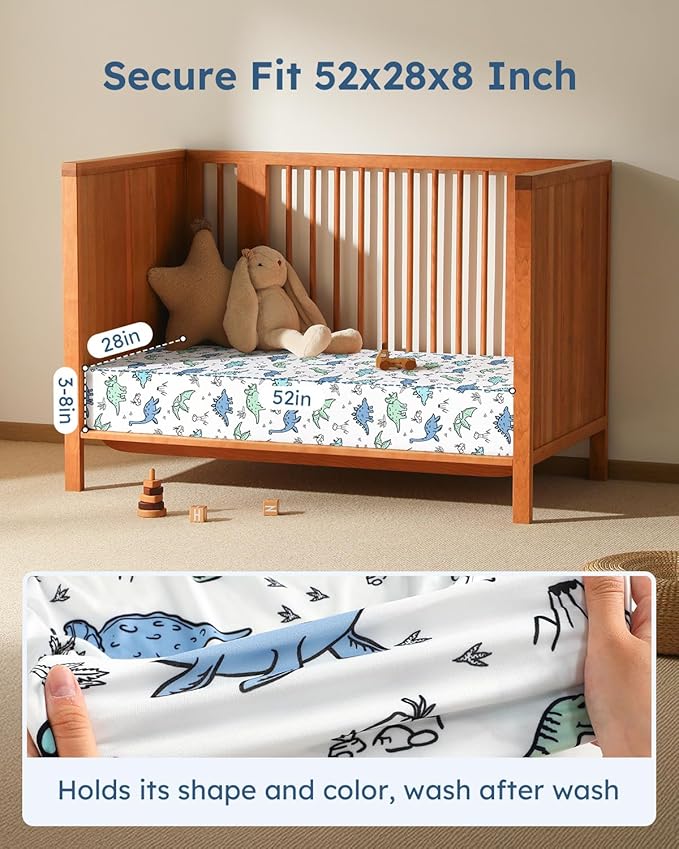 Baby Crib Sheets for Boys Girls, 28x52x8in Fitted Crib Sheet Neutral 3 Pack for Standard Crib and Toddler Mattress, Breathable Soft Microfiber Baby Sheet Green & Blue Dinosaur