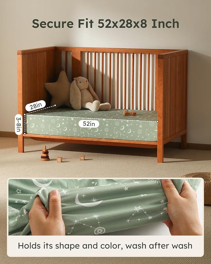 Baby Crib Sheets for Boys Girls, 28x52x8in Fitted Crib Sheet Neutral 3 Pack for Standard Crib and Toddler Mattress, Breathable Soft Microfiber Baby Sheet Green Gray Constellation