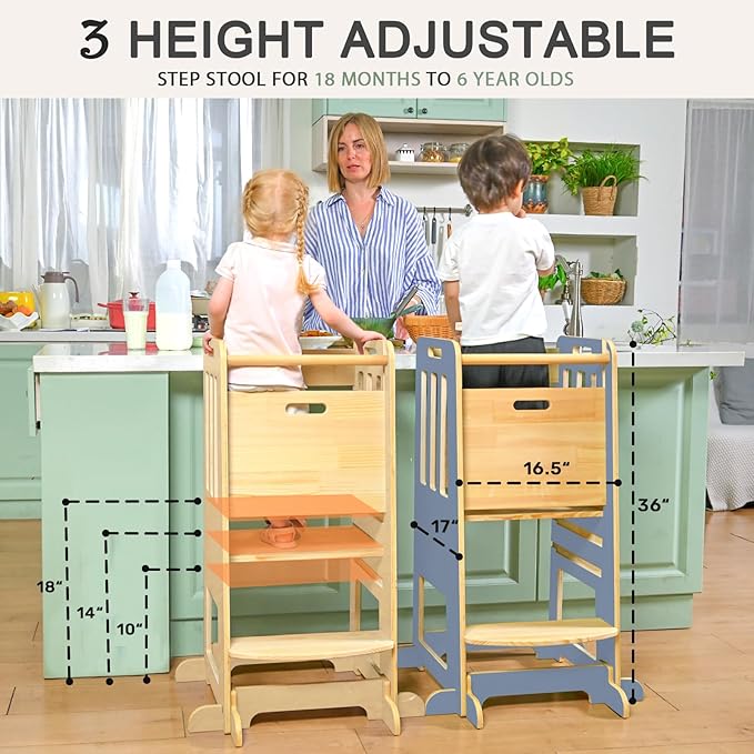 WINGYZ Toddler Kitchen Stool – Adjustable Helper Tower for Kids with Safety Rail, Wooden Standing Step-Up Stool, Sliding Door & Stable Base, Light Blue