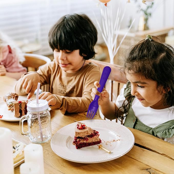 12 Pcs Kids Spoons and Forks Toddler Utensils Plastics Reusable Silverware Baby Cutlery Set Feeding Dinnerware Utensils BPA Free Microwave Dishwasher and Freezer Safe- Purple