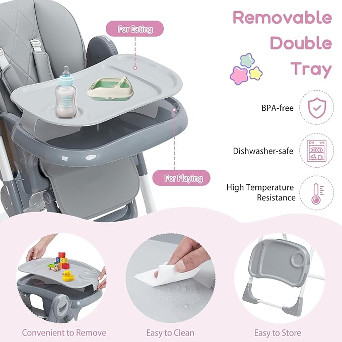 GAOMON Baby High Chair, Multifunctional Infant Highchairs with Adjustable Height and Recline, Foldable High Chair for Babies & Toddlers, High Chair with Removable Tray Easy Clean (Dark Gray)