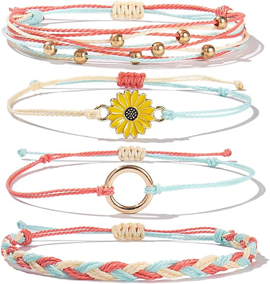FANCY SHINY Sunflower String Bracelet Boho Braided Rope Wrap Bracelets Cute Summer Beach Surfer Jewelry for Women Christmas Gifts