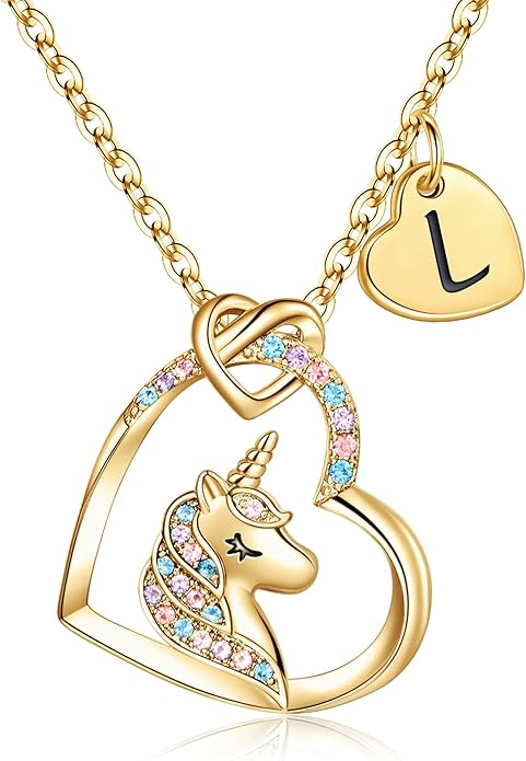 Hidepoo Unicorn Necklace Gifts for Girls - Colorful CZ Heart Pendant Initial Unicorns Necklaces for Teens Little Girls Jewelry Birthday Gift for Girl Daughter Granddaughter Niece