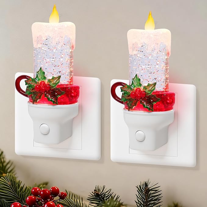2 Pack Christmas Candle Night Light Plug into Wall Glitter Water Nightlight with USB/Outlet Options, Christmas Decorative Nightlight for Bedroom Kitchen Nursery Holiday Decorations Gifts (Candle)