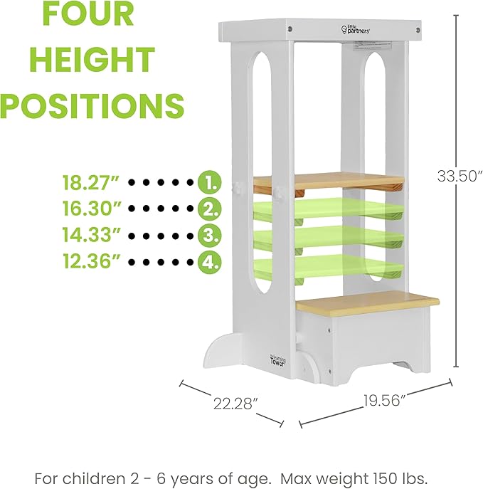 Little Partners Foldable Toddler Tower, Learning Tower Explore 'N Store Montessori Standing Kitchen Tower with Folding Step Stool Platform for Cooking and Learning, Ages 2+ (White w/Natural)