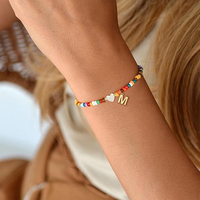Colorful Initial Bracelets for Women Girls - Cute Beaded Heart Initial Bracelet Teen Girl Gifts Trendy Stuff, Bohemian Gold Charm Bracelet Personalized Gifts for Women Girls Jewelry