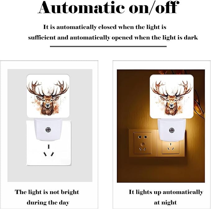 Watercolor Forest Deer Night Light,Plug-in Nightlights Auto Sensor Night Lamp Dusk-to-Dawn Lamp Home Decor for Nursery Children Girls Boys