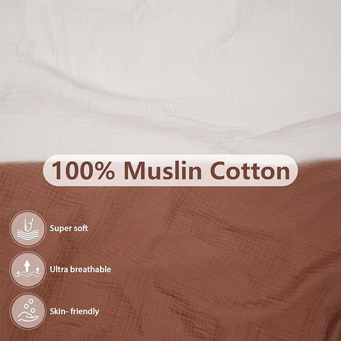 2 Pack Soft Muslin Baby Mini Crib Sheets, 100% Cotton Breathable Double Layer Fitted Sheets for Mini Crib and Pack N Play Mattresses 24x38 Inches, for Baby Girls and Boys (White & Brick