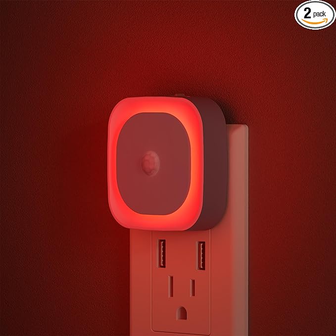 2 Pack Plug in Red Sleep Night Light with Motion Sensor & Dusk to Dawn Sensor, Soft Glow, Dimmable, LED Lights for Bedroom, Sleep, Baby Nursery, Kids, Toddler, Bathroom, Hallway, Home Decor