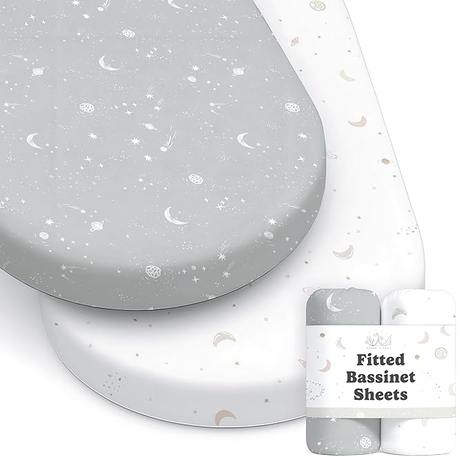 Baby Bassinet Sheets for Boy, Girl (Galaxy, Moon and Stars) 2-Pack - Fitted Bedside Bassinet Sheets - Buttery Soft Cotton Blend for Standard Mattress Pad - Compatible with Halo BassiNest