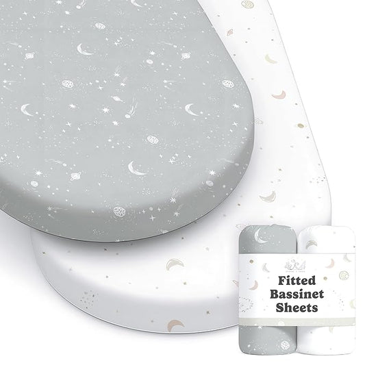 Baby Bassinet Sheets for Boy, Girl (Galaxy, Moon and Stars) 2-Pack - Fitted Bedside Bassinet Sheets - Buttery Soft Cotton Blend for Standard Mattress Pad - Compatible with Halo BassiNest