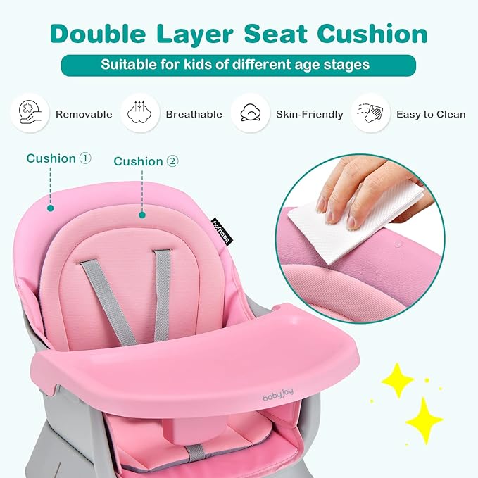 BABY JOY Baby High Chair, 8 in 1 Convertible Highchair for Babies & Toddlers | Booster Seat | Table and Chair Set | Building Block Table | Toddler Chair with Safety Harness, Removable Tray (Pink)