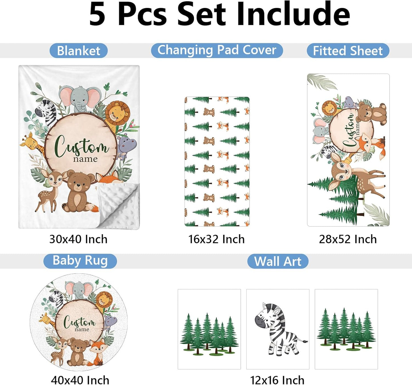Personalized Baby Crib Bedding Set, 5 Pcs Custom Nursery Bedding Set for Girl Boy, Soft Jungle Animals Crib Set with Name, Double Layer Baby Bedding Crib Set, Toddlers Infants Customized Gift