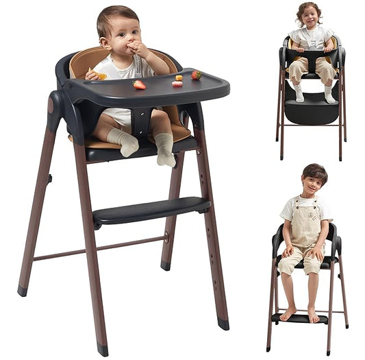 KUB High Chair for Babies and Toddlers Adjustable Foldable Convertible 5 Point Harness Easy Clean Wood-Printed Metal with Removable Tray Baby Highchair for Family (Black&Walnut Wood-Printed Metal)