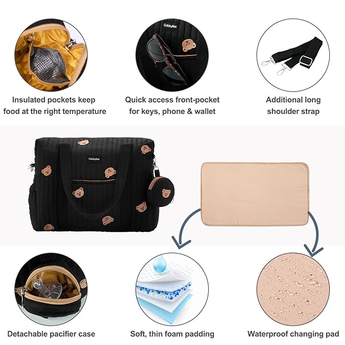 Large Diaper Bag Tote, Maternity Hospital Travel diaper tote, Multifunction baby bag, Baby Nappy Bags, Messenger bag (Medium - Black Bears)
