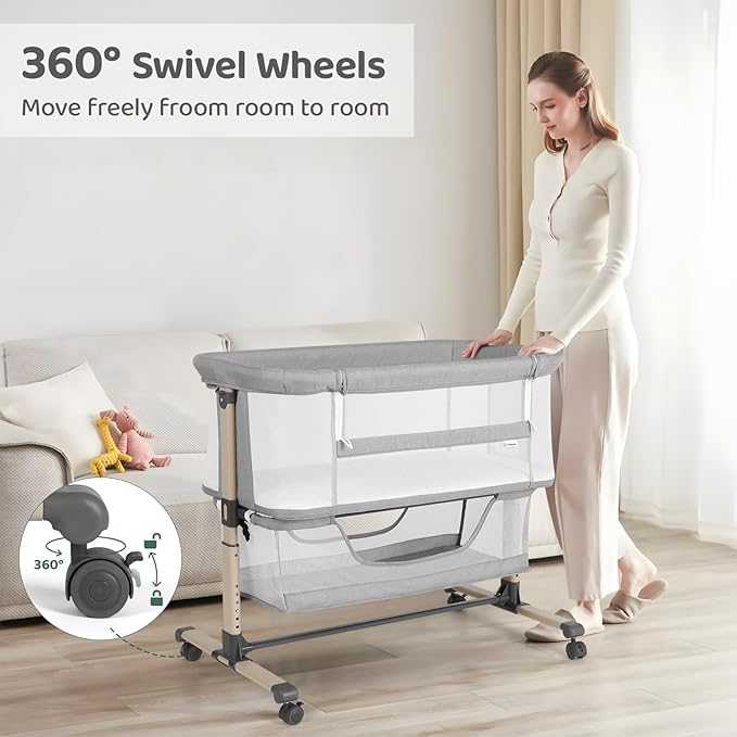 Cowiewie Bassinet Bedside Sleeper, Portable, Breathable, Adjustable Baby Bedside Bassinet for Peaceful Nights, Light Grey
