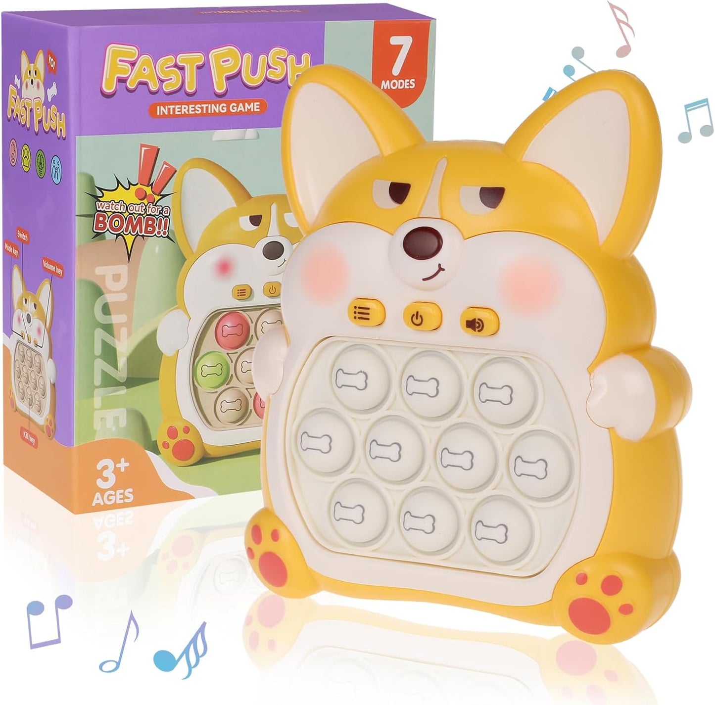 Fast Push Game Pop Fidget Toys for Kids, Fast Push Bubble Game, Quick Push Pop Game for Boys & Girls Age 3-12, Handheld Puzzle Game Sensory Toys Relaxation and Decompression (Yellow Corgi)