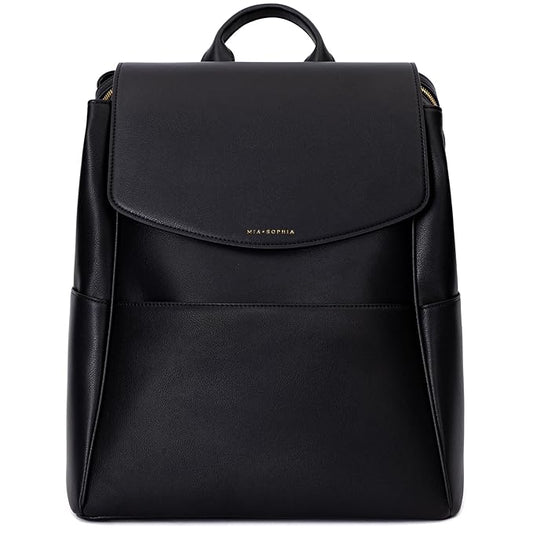 MIA + SOPHIA Leather Diaper Bag Backpack with USB Charging port, Changing Pad, Stroller Straps, and Bottle Holder (Black Olivia)