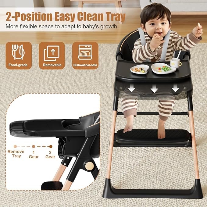 Baby High Chair, High Chairs for Babies and Toddlers, Convertible Folding High Chair with Removable Tray 5 Point Harness Footrest Detachable PU Cushion, Portable Highchair for Baby Toddlers