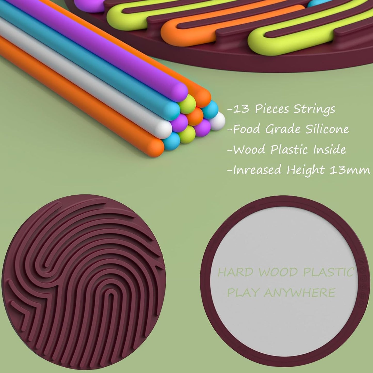 Silicone Sensory Activity Board, Silent Fidget Toys for Calming, Anxiety, Stress, ADHD and Autism, Kids 3+ & Adults, Portable with Travel Bag & 13 Colored Strings (Burgundy-Round Shape)