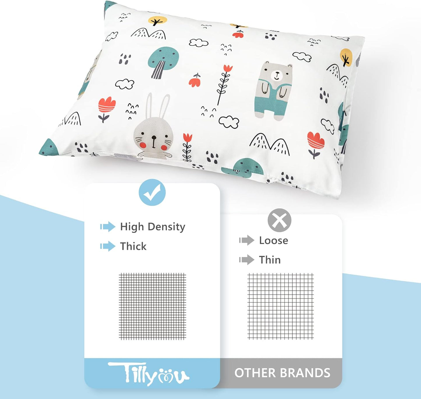 TILLYOU Toddler Pillowcase 2 Pack with Envelope Closure,Silky Soft Microfiber 13" x 18" Kids Travel Pillow Cases,Bib Bear & Colorful Love
