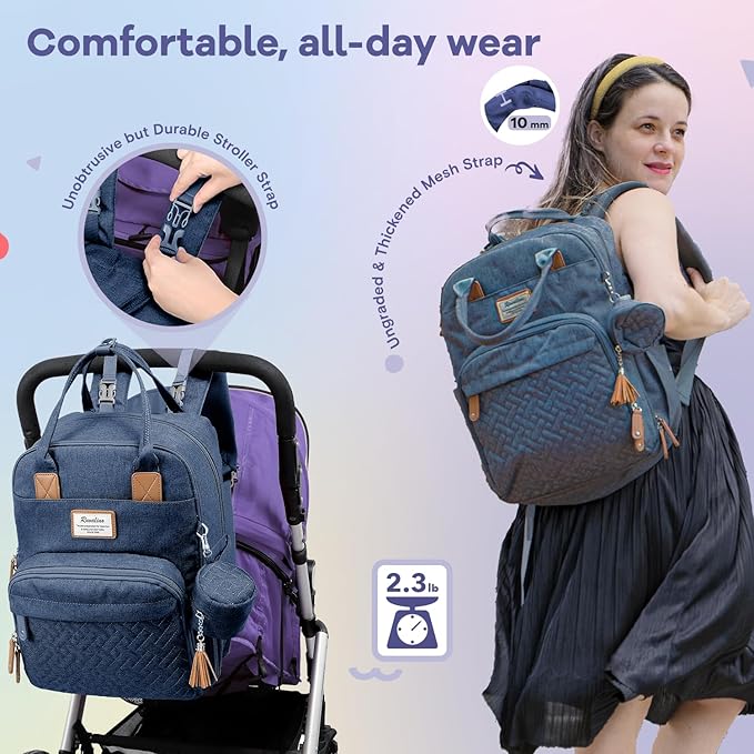 RUVALINO Diaper Bag Backpack, Multifunction Travel Pack Maternity Baby Changing Bags, Large Capacity, Waterproof, Navy Blue