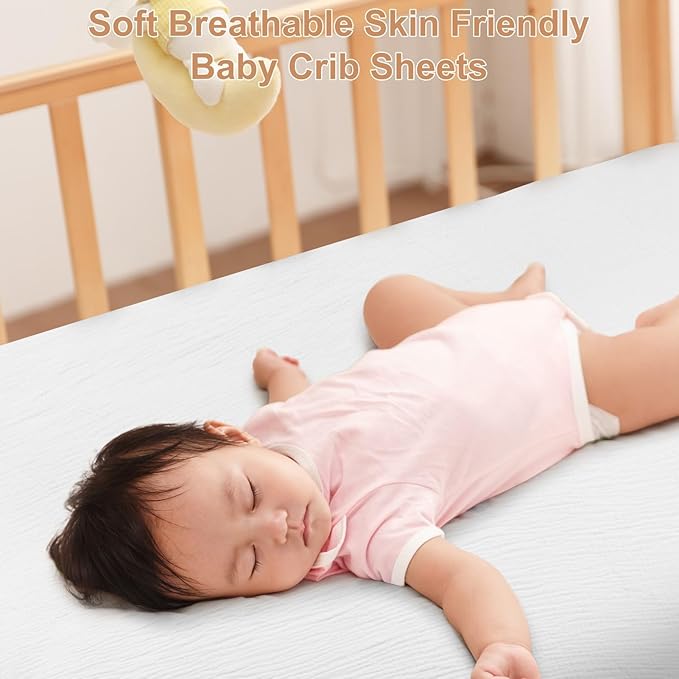 2 Pack Muslin Fitted Crib Sheets for Baby Girls & Boys-Neutral Breathable Crib Mattress Protector for Standard Crib Mattress (28"x 52") -White Crib Sheets No Slip Toddler Cotton Bedding