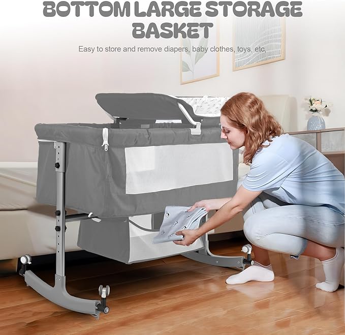 Baby Bassinet Bedside Crib 4-in-1 with Changing Table, 6 Height Adjustable Baby Crib with Mosquito Net & Storage Basket, Portable Cradle Bassinet for Newborn Infant (Grey)