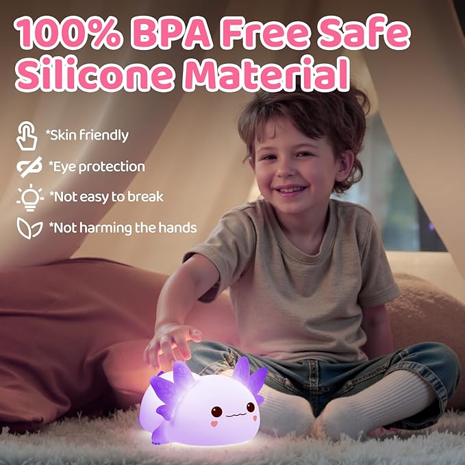 Mewaii Huggwaii Squishy Axolotl Night Light for Kids, Dimmable Silicone Kids Night Light with 4 White Noise, 2025 Upgraded Rechargeable Axolotl Lamp,Toddler Nightlight,Girls&Baby Gifts Room Decor
