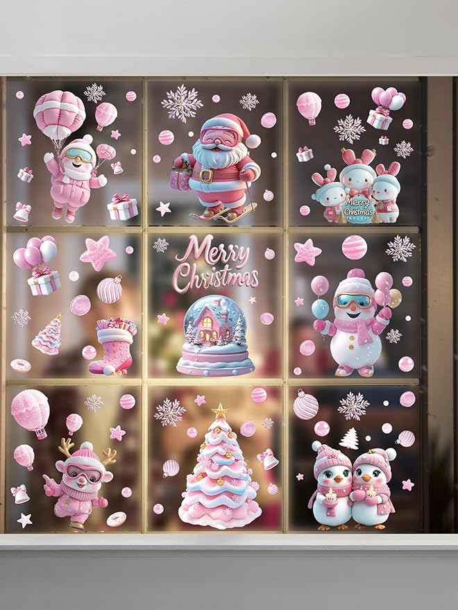 9 Sheet Christmas Pink Window Decorations - Merry Christmas Window Clings for Glass Windows, Santa Claus Snowflake Christma Windows Stickers Decals for Indoor Home Xmas Holiday Winter Party Decor