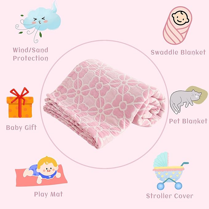 NTBAY 3 Layer Toddler Blanket, Muslin Cotton Jacquard Bed Blankets, Lightweight Thermal Baby Blanket, Super Soft and Warm Crib Blanket for All Seasons, Decoration Gift, 30"x40", Pink Clover