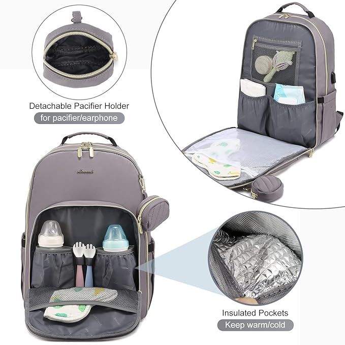 LOVEVOOK Diaper Bag Backpack, Quilted Baby Bag with Changing Pad & Pacifier Holder, Waterproof Travel Diaper Bags for Baby Boys Girls, Stylish and Large Capacity, Purple Grey