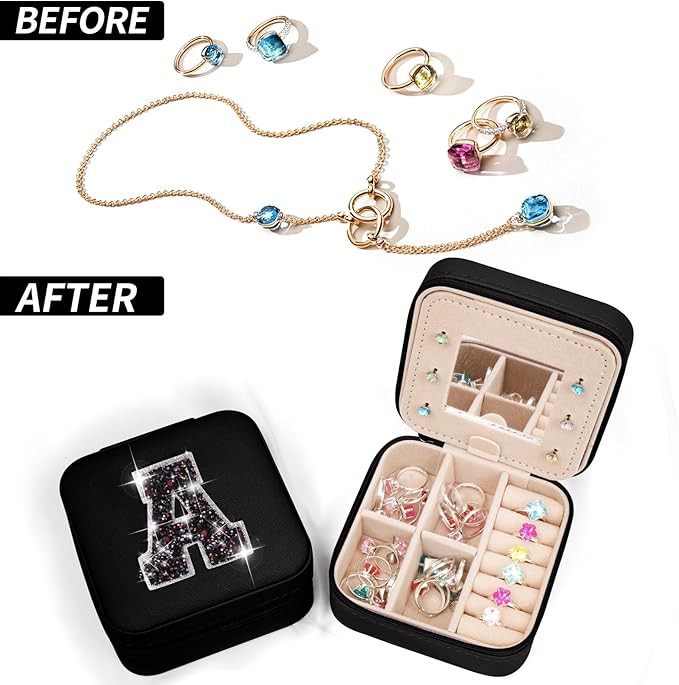 Travel Jewelry Case - Personalized Jewelry Box for Women,Small Cute Jewelry Organizer Storage Aesthetic,Travel Essentials Birthday Gifts | Black,A