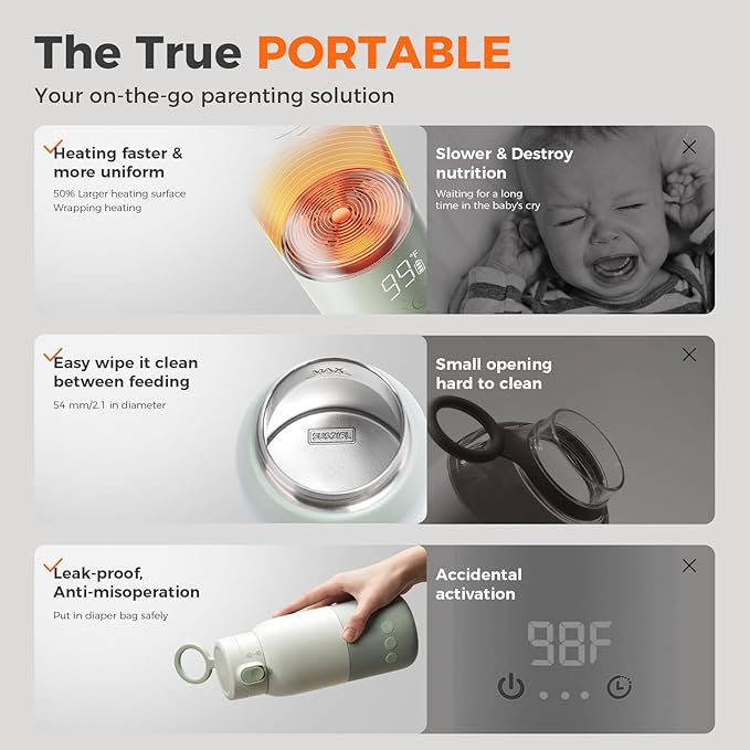 BOLOLO Portable Bottle Warmer for Travel, Super Fast Charging, Instant Breastmilk, Formula, Water, Milk Warmer with 10 Ounces Big Capacity, Baby Flask for Vehicle,car,Airplane Journey