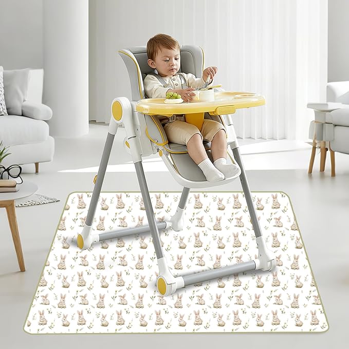 Baby Splat Mat for Under High Chair, 51 x 51 Inch Wipeable Splash Mat，Floor Protector，Wipe-Clean Tablecloth and Playing Mat (Rabbit)